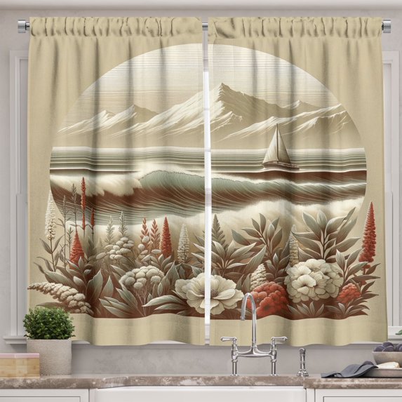 Ambesonne Nautical Kitchen Curtains, Floral Sea Shore and Boat, 55"x36", Grey Yellow Dark Salmon