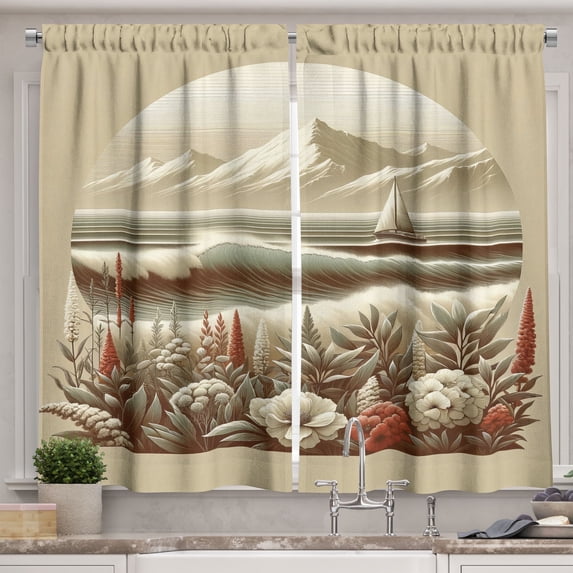 Ambesonne Nautical Kitchen Curtains, Floral Sea Shore and Boat, 55"x45", Grey Yellow Dark Salmon