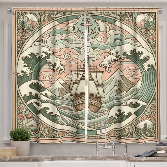 Ambesonne Nautical Kitchen Curtains, Folk Art Style Marine Look, 55"x45", Blush Cadet Blue and Ecru