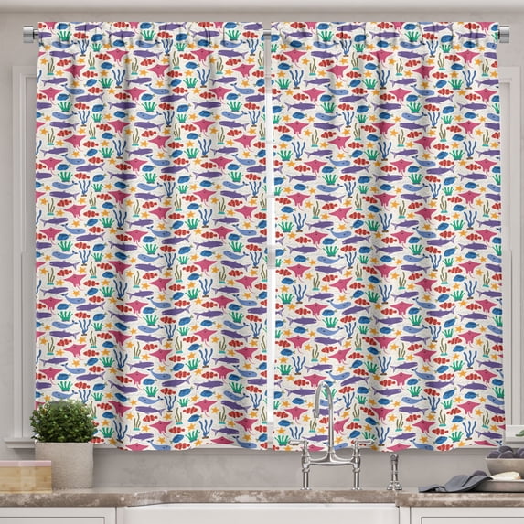 Ambesonne Nautical Kitchen Curtains, Funny Starfish Seaweed Art, 55"x30", Dark Indigo Violet Blue
