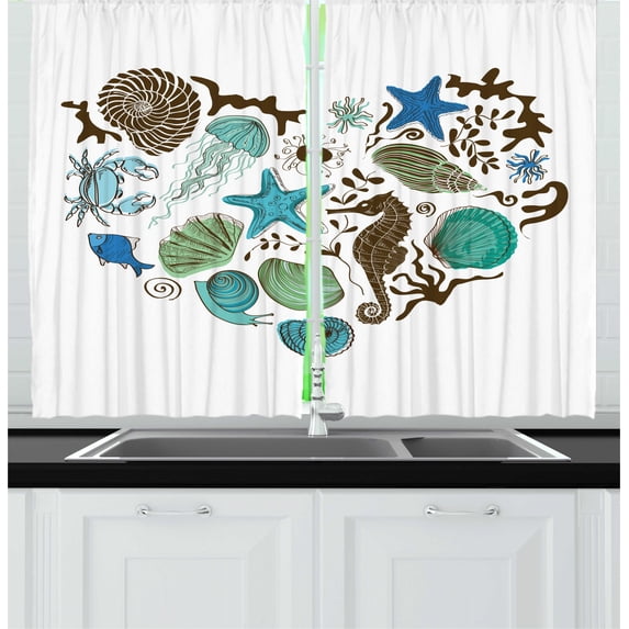 Ambesonne Nautical Kitchen Curtains, Heart with Aquatic Animals, 55"x39", Multicolor