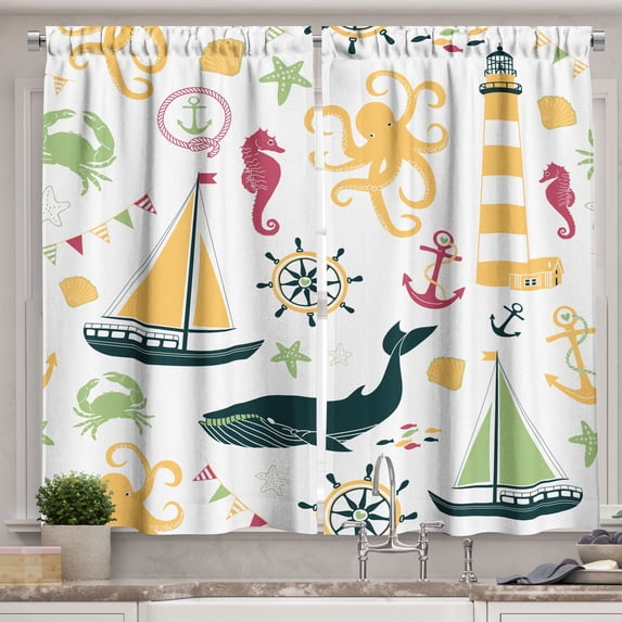 Ambesonne Nautical Kitchen Curtains, Lighthouse Pastel Colors, 55"x39", Pale Orange Dark Green