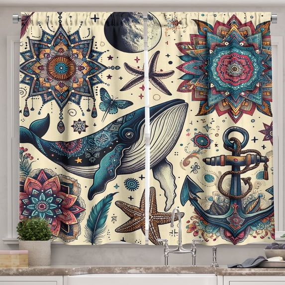 Ambesonne Nautical Kitchen Curtains, Mandala Feathers Anchor, 55"x39", Ivory Teal and Coral
