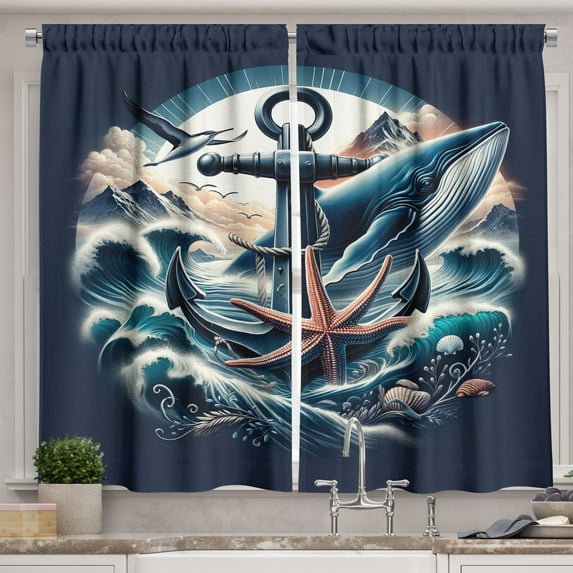 Ambesonne Nautical Kitchen Curtains, Marine Anchor and Seagull, 55"x36", Indigo and Dark Salmon