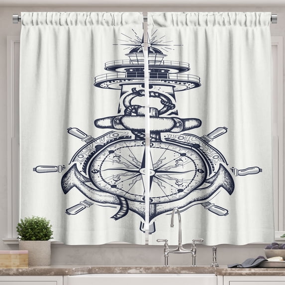Ambesonne Nautical Kitchen Curtains, Marine Composition Anchor, 55"x45", Dark Night Blue Ivory