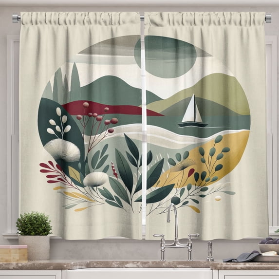 Ambesonne Nautical Kitchen Curtains, Modern Boho Botanical Sea, 55"x45", Sage Green