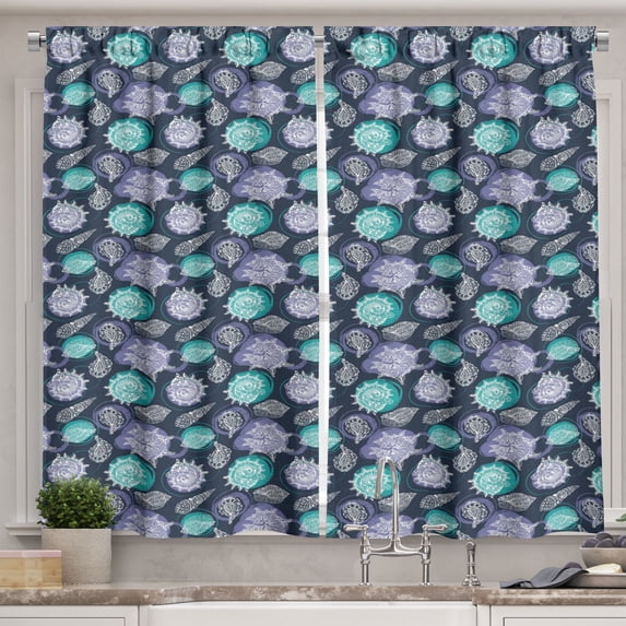 Ambesonne Nautical Kitchen Curtains, Ocean Grunge Seashells, 55"x39", Night Blue Sea Green