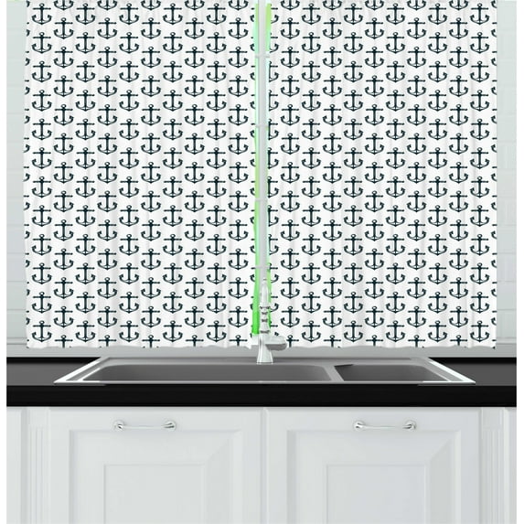 Ambesonne Nautical Kitchen Curtains, Oceanic Themed Anchors, 55"x45", Dark Petrol Blue and White