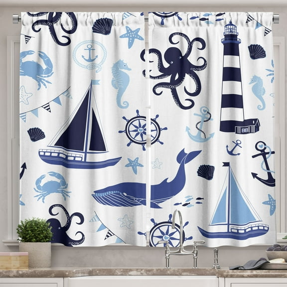 Ambesonne Nautical Kitchen Curtains, Pastel Colors Lighthouse, 55"x36", Night Blue