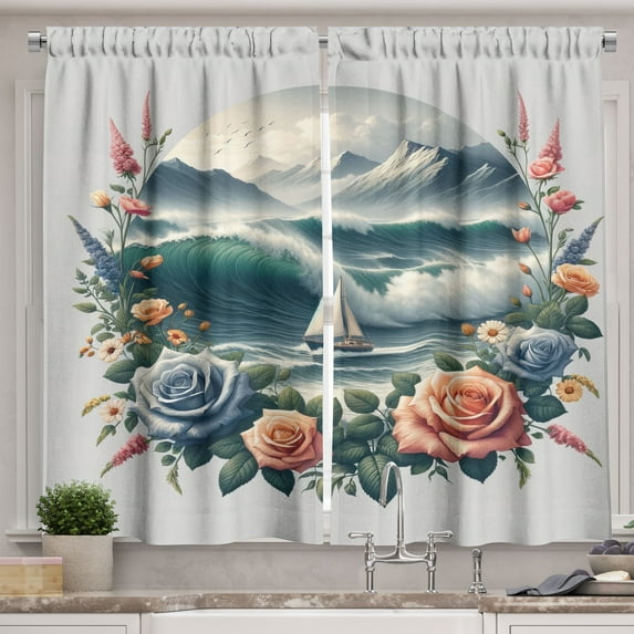 Ambesonne Nautical Kitchen Curtains, Sailboat in Rose Wreath, 55"x30", Teal Salmon and Slate Blue