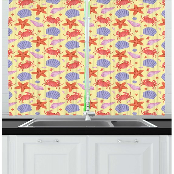 Ambesonne Nautical Kitchen Curtains, Sea Shells Crab Motifs, 55"x45", Pale Yellow Multicolor