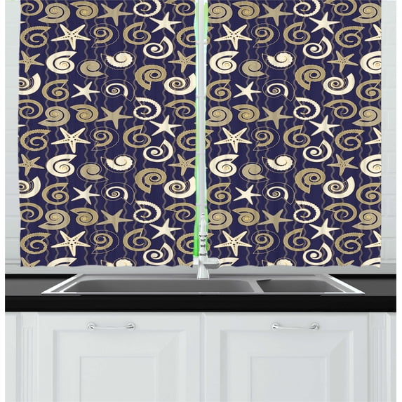 Ambesonne Nautical Kitchen Curtains, Sea Shells Mollusk Art, 55"x45", Dark Indigo and Dark Eggshell