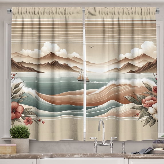 Ambesonne Nautical Kitchen Curtains, Serene Horizon Sailboat, 55"x36", Tan Sepia and Pale Seafoam