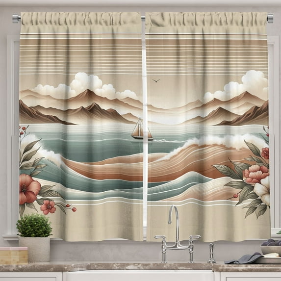 Ambesonne Nautical Kitchen Curtains, Serene Horizon Sailboat, 55"x45", Tan Sepia and Pale Seafoam