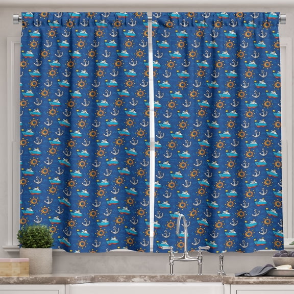 Ambesonne Nautical Kitchen Curtains, Ship Cartoon Art, 55"x39", Multicolor