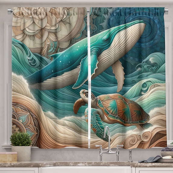 Ambesonne Nautical Kitchen Curtains, Teal Ocean Whale Turtle, 55"x24", Teal Ecru and Pale Cinnamon