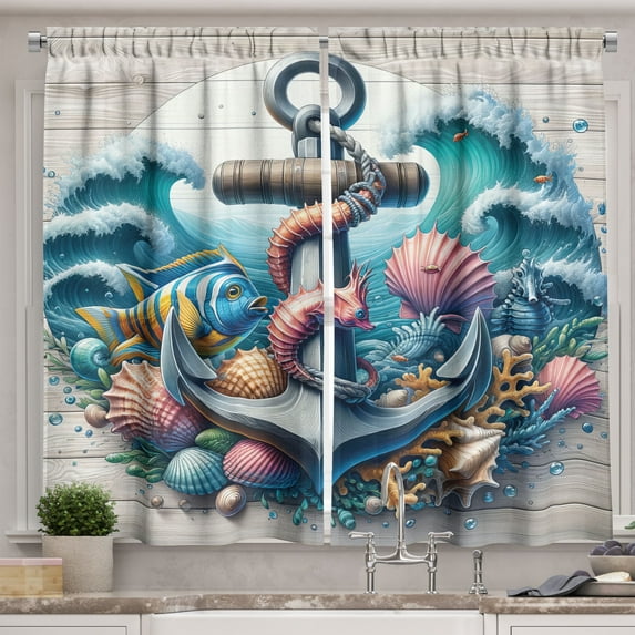 Ambesonne Nautical Kitchen Curtains, Underwater Around Anchor, 55"x30", Teal Pink and Coconut