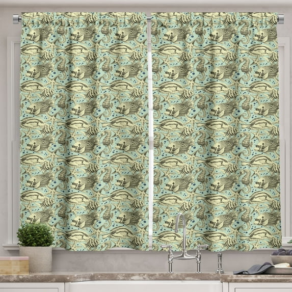 Ambesonne Nautical Kitchen Curtains, Vintage Fish Starfish Art, 55"x39", Pale Yellow and Almond Green