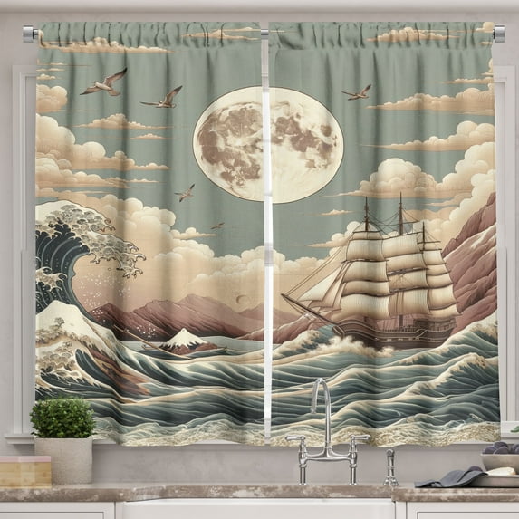 Ambesonne Nautical Kitchen Curtains, Waves Ship Japanese Style, 55"x45", Pale Teal Tan Dried Rose