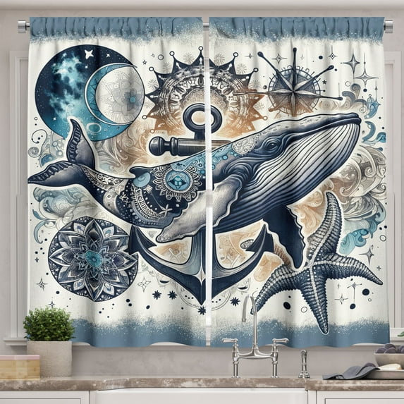 Ambesonne Nautical Kitchen Curtains, Whale Anchor Mandala Night, 55"x24", Indigo Amber