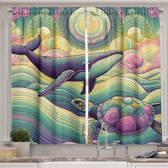 Ambesonne Nautical Kitchen Curtains, Whale and Turtle Hippie, 55"x30", Seafoam Purple and Pink