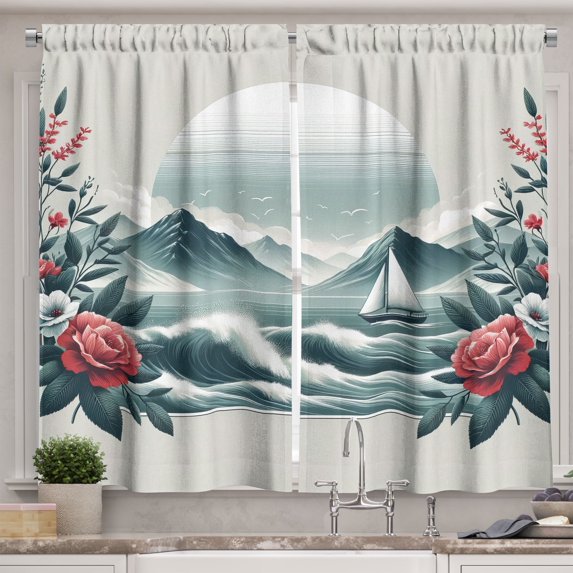 Ambesonne Nautical Kitchen Curtains, Wild Roses and Sailboat, 55"x39", Coral and Slate Blue