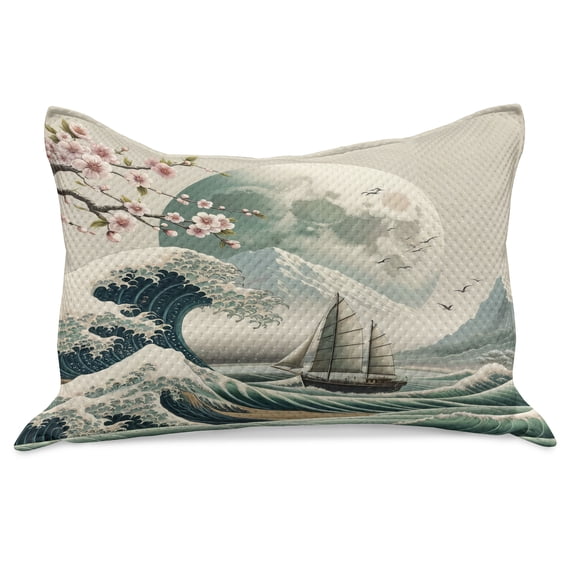 Ambesonne Nautical Knitted Quilt Pillowcover, Asian Wave Cherry Blossom, 30"x20", Seafoam Coconut Pink