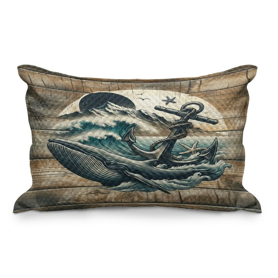 Ambesonne Nautical Quilted Pillowcover, Cottage Anchor Whale Waves, 30" x 20", Brown and Slate Blue