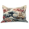 thumbnail image 1 of Ambesonne Nautical Knitted Quilt Pillowcover, Floral Japanese Wave Moon, 30"x20", Blue Pink Eggshell, 1 of 2