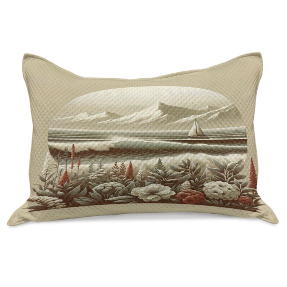 Ambesonne Nautical Knitted Quilt Pillowcover, Floral Sea Shore and Boat, 36"x20", Grey Yellow Dark Salmon