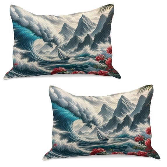 Ambesonne Nautical Knitted Quilt Pillowcover Set of 2, Boat and Crashing Waves, 30" x 20", Cadet Blue and Dark Pink