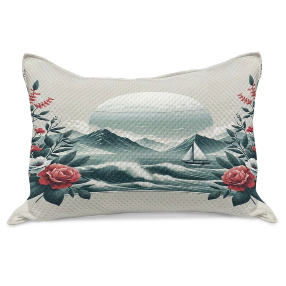 Ambesonne Nautical Knitted Quilt Pillowcover, Wild Roses and Sailboat, 30"x20", Coral and Slate Blue