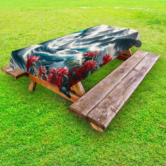 Ambesonne Nautical Outdoor Tablecloth, Boat and Crashing Waves, 58"x84", Cadet Blue and Dark Pink