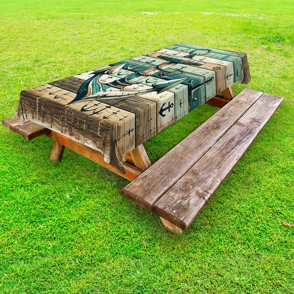 Ambesonne Nautical Outdoor Tablecloth, Rustic Anchor Wooden Look, 58"x84", Teal Seafoam Pale Brown