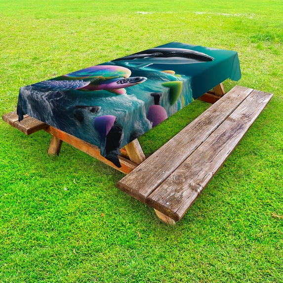 Ambesonne Nautical Outdoor Tablecloth, Trippy Turtle with a Whale, 58"x120", Teal Multicolor