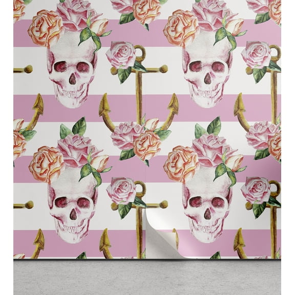 Ambesonne Nautical Peel & Stick Wallpaper for Home, Marine Skull Anchor, 13"x36", Pink Green White