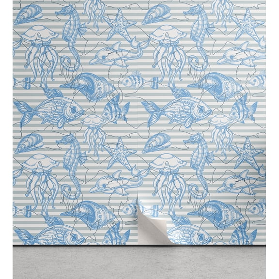 Ambesonne Nautical Peel & Stick Wallpaper for Home, Underwater Creatures Art, 13"x36", Sky Blue Multicolor