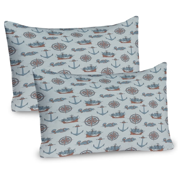 Ambesonne Nautical Pillow Sham 2 Pack, Anchor Windrose Fish Ships, 26"x20", Blue Multicolor