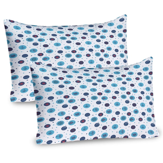 Ambesonne Nautical Pillow Sham 2 Pack, Fishes Anchor Waves Sea, 26"x20", Blue Dark Blue Red