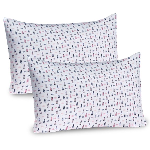 Ambesonne Nautical Pillow Sham 2 Pack, Lighthouse Steering Wheel, 30"x20", Pastel Pink Pearl Indigo