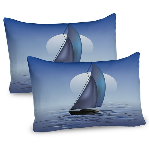 Ambesonne Nautical Pillow Sham 2 Pack, Sail Boat Wavy Serene, 26"x20", Violet Blue