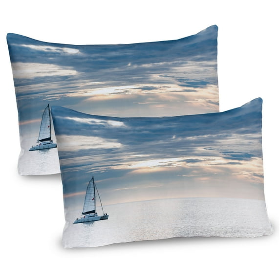 Ambesonne Nautical Pillow Sham 2 Pack, Sailing Yacht Sunset, 26"x20", Blue