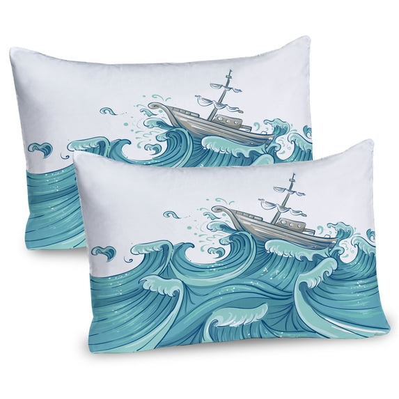 Ambesonne Nautical Pillow Sham 2 Pack, Ship and Ocean Waves, 26"x20", Aqua Taupe
