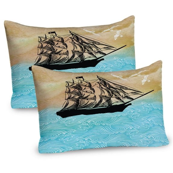 Ambesonne Nautical Pillow Sham 2 Pack, Vintage Ship Motif, 36"x20", Beige Pale Blue