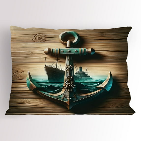 Ambesonne Nautical Pillow Sham, Anchor with Sailing Ship, 36" X 20", Sand Brown Dark Teal