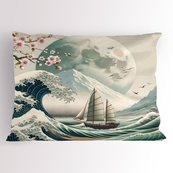 Ambesonne Nautical Pillow Sham, Asian Wave Cherry Blossom, 26" X 20", Seafoam Coconut Pink