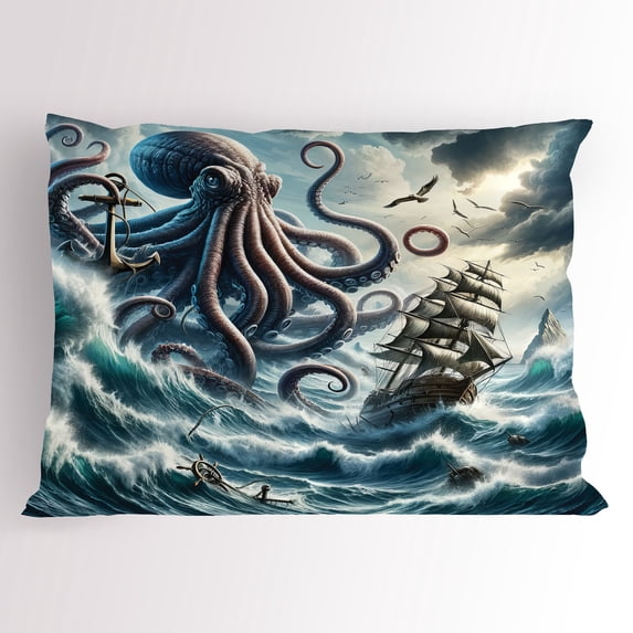 Ambesonne Nautical Pillow Sham, Fantasy Sea World Kraken, 26" X 20", Teal Mauve