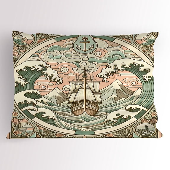 Ambesonne Nautical Pillow Sham, Folk Art Style Marine Look, 36" X 20", Blush Cadet Blue and Ecru
