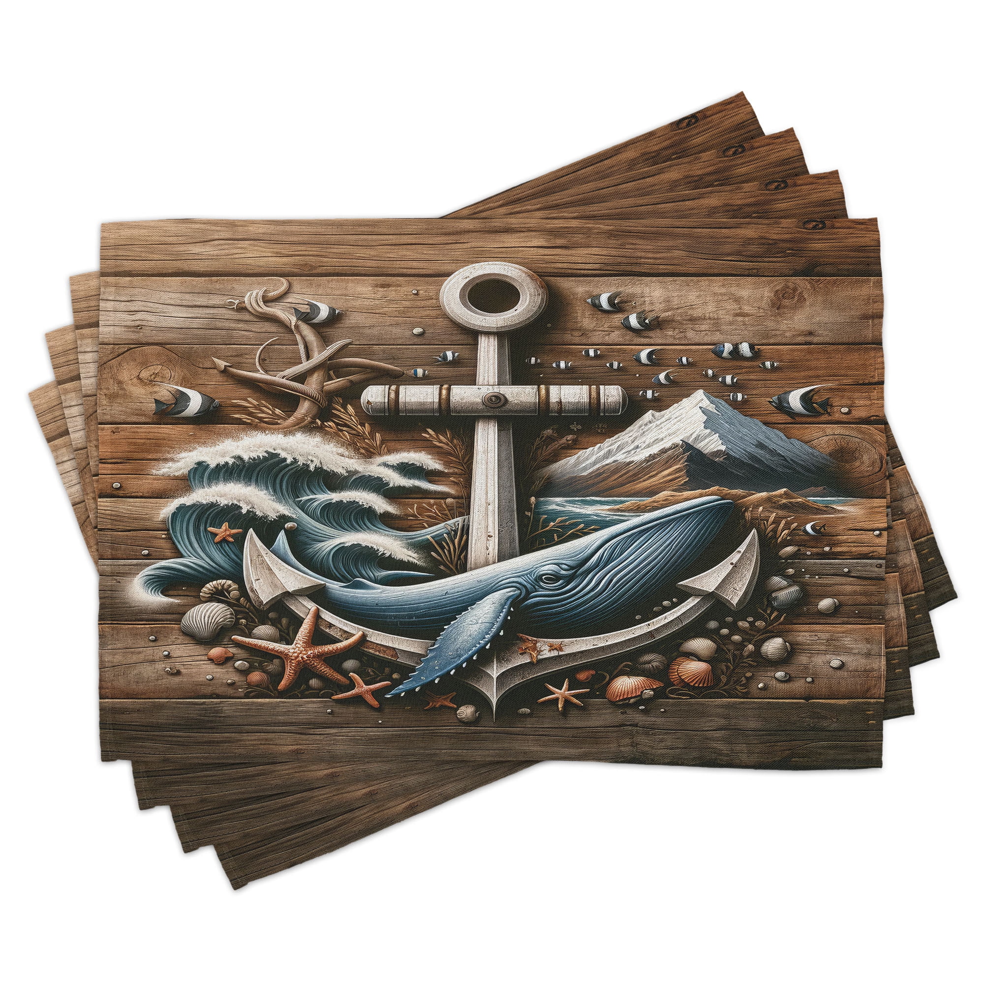 Nautical Cocoa and Slate Blue Polyester Rectangle Placemats Set of 4
