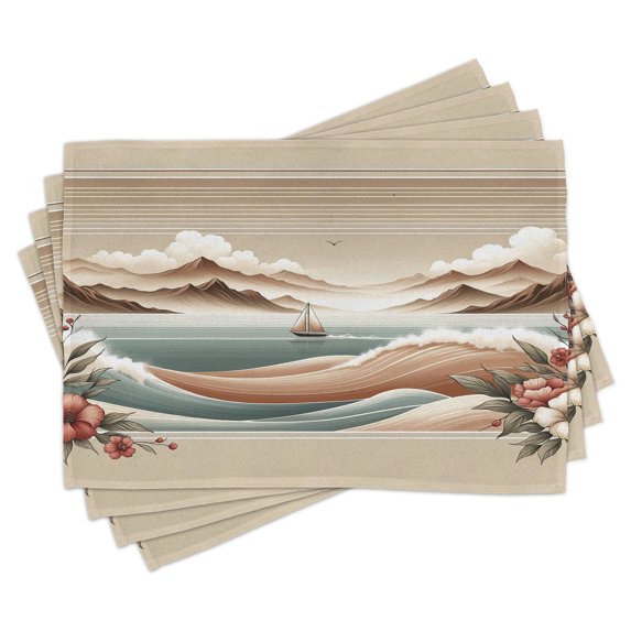 Ambesonne Nautical Place Mats Set of 4, Serene Horizon Sailboat, Standard Size, Tan Sepia and Pale Seafoam
